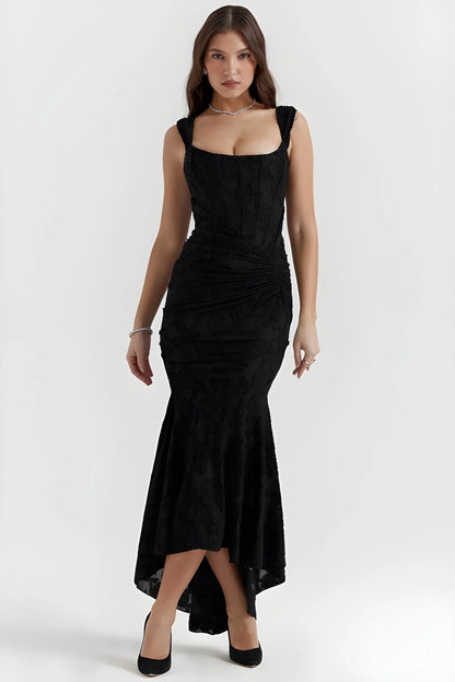Vestido de invitada de boda largo elegante casual con escote palabra de honor