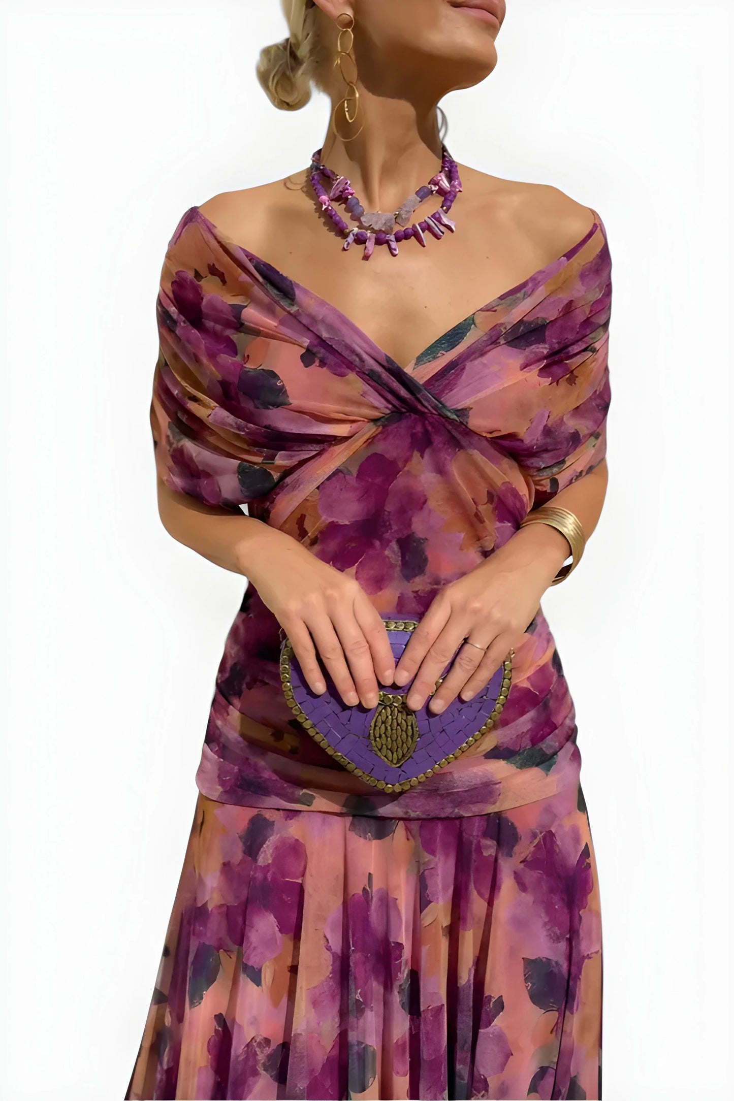 Vestido de invitada de boda largo elegante casual con hombros descubiertos