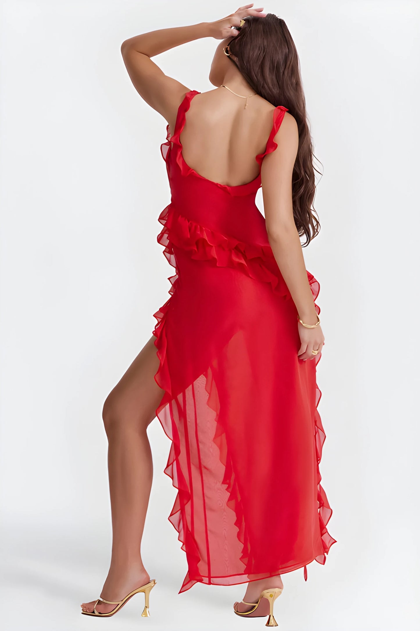Vestido de invitada de boda largo elegante casual con volantes