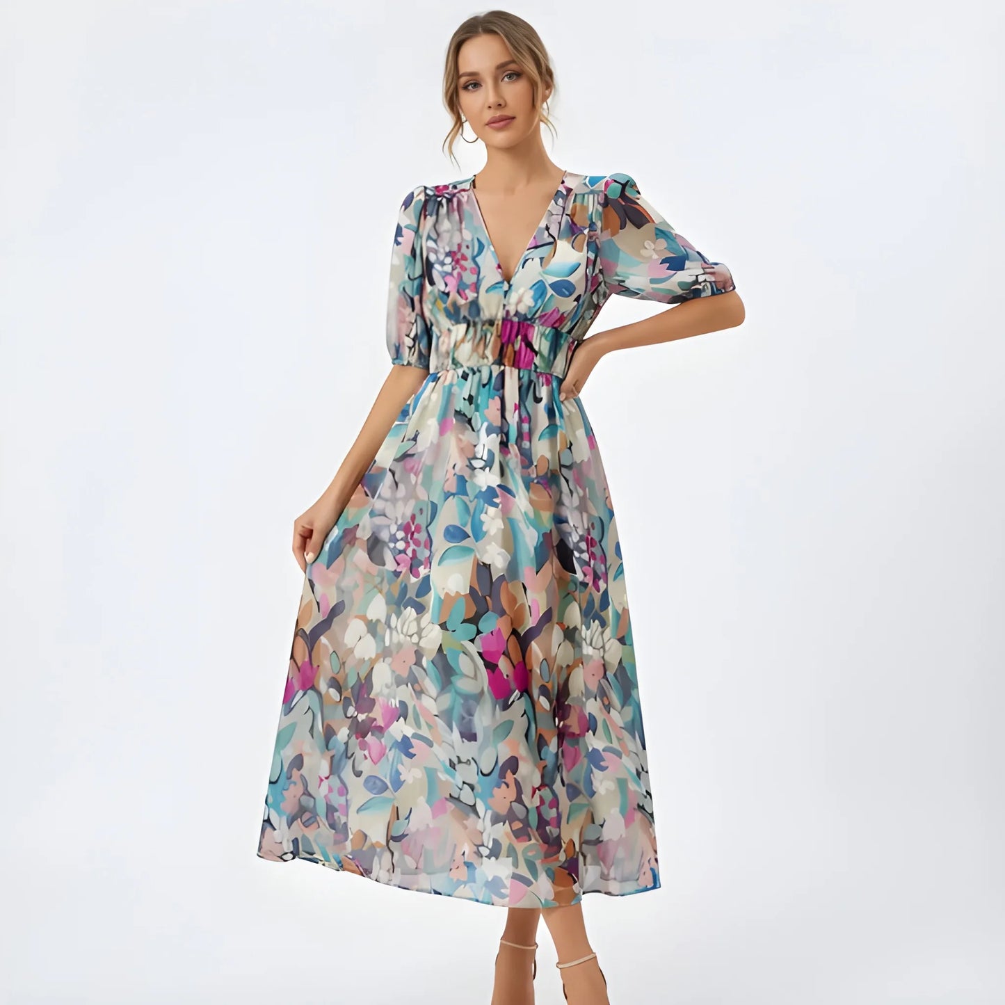 Vestido de Verano Midi Casual Elegante con Cintura Fruncida