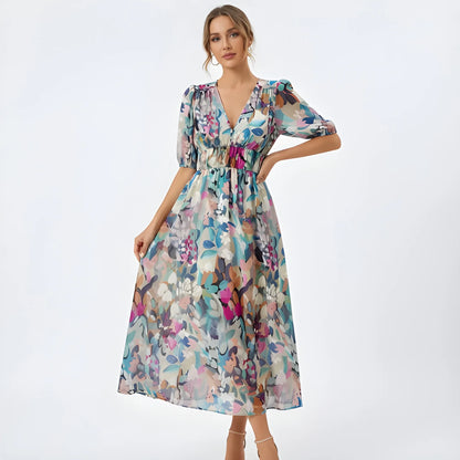 Vestido de Verano Midi Casual Elegante con Cintura Fruncida