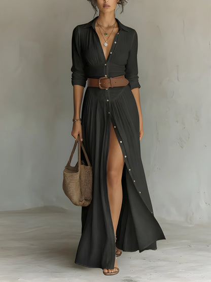 Vestido camisero largo elegante casual con botones y fruncido