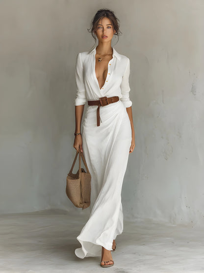Vestido de invitada de boda largo elegante casual con drapeado y botones