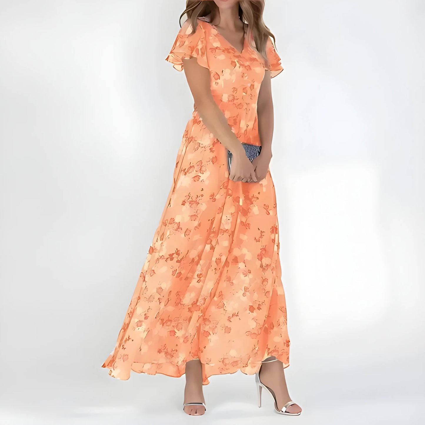 Vestido de invitada de boda largo elegante casual con de flores y manga corta