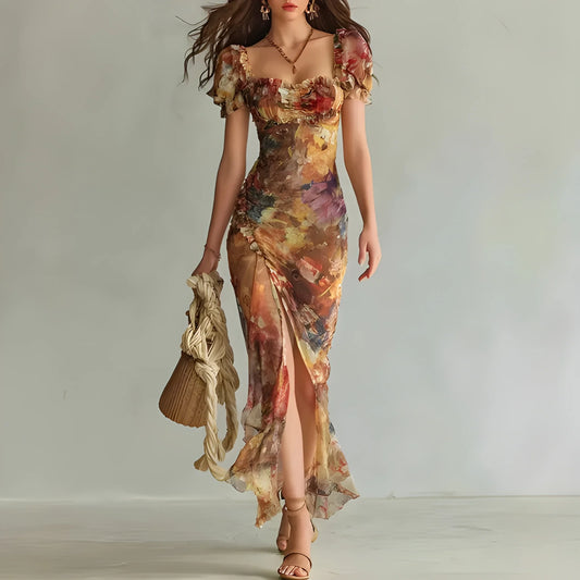 Vestido de invitada de boda largo boho elegante con manga abullonada