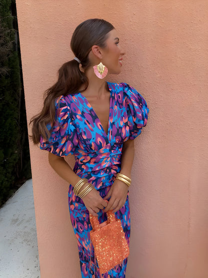Vestido de Verano Midi Estampado Elegante con Manga Abullonada