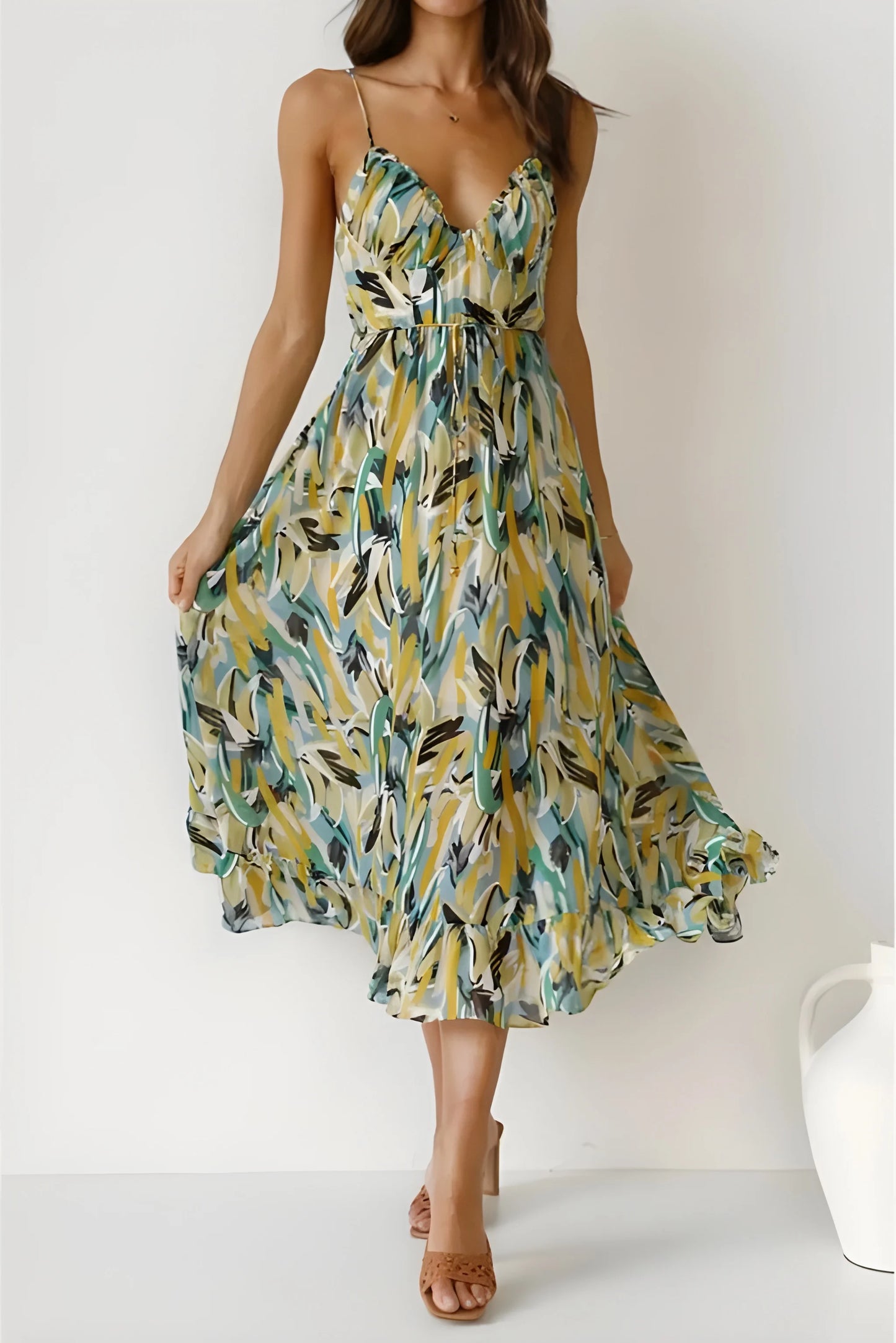 Vestido de verano midi boho elegante con espalda descubierta