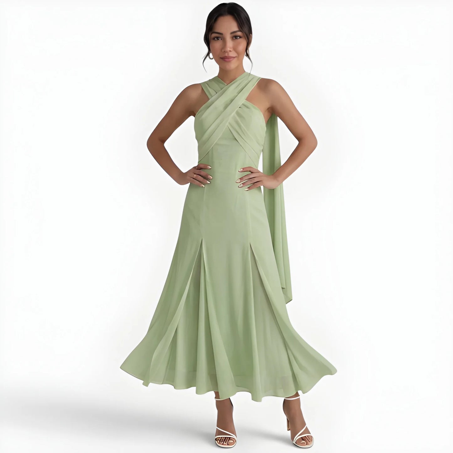 Vestido de invitada de boda midi elegante casual con cuello halter