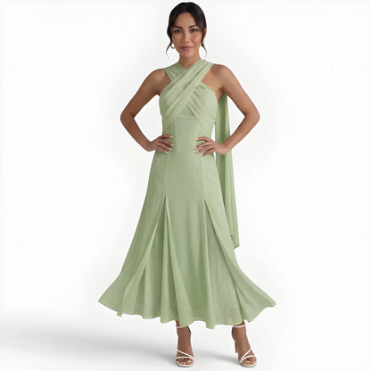 Vestido de invitada de boda midi elegante casual con cuello halter