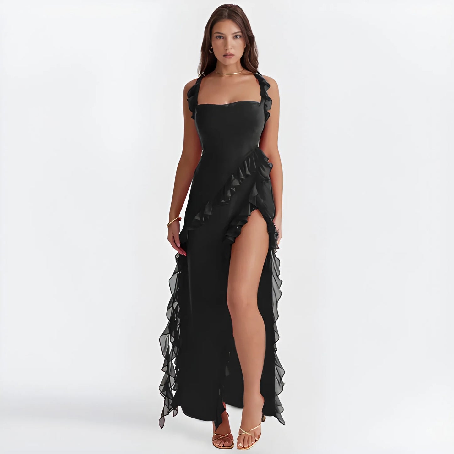 Vestido de invitada de boda largo elegante casual con volantes