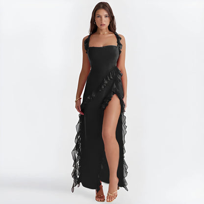 Vestido de invitada de boda largo elegante casual con volantes