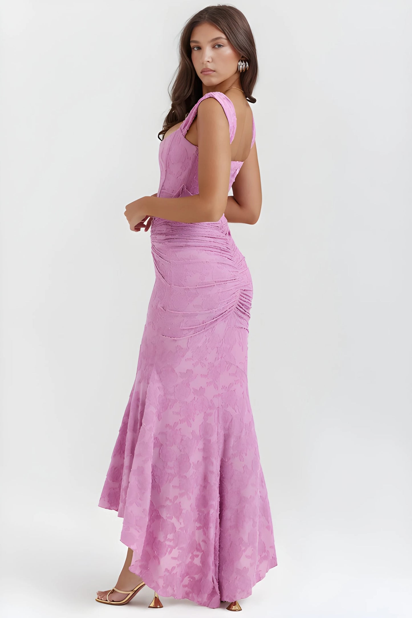 Vestido de invitada de boda largo elegante casual con escote palabra de honor