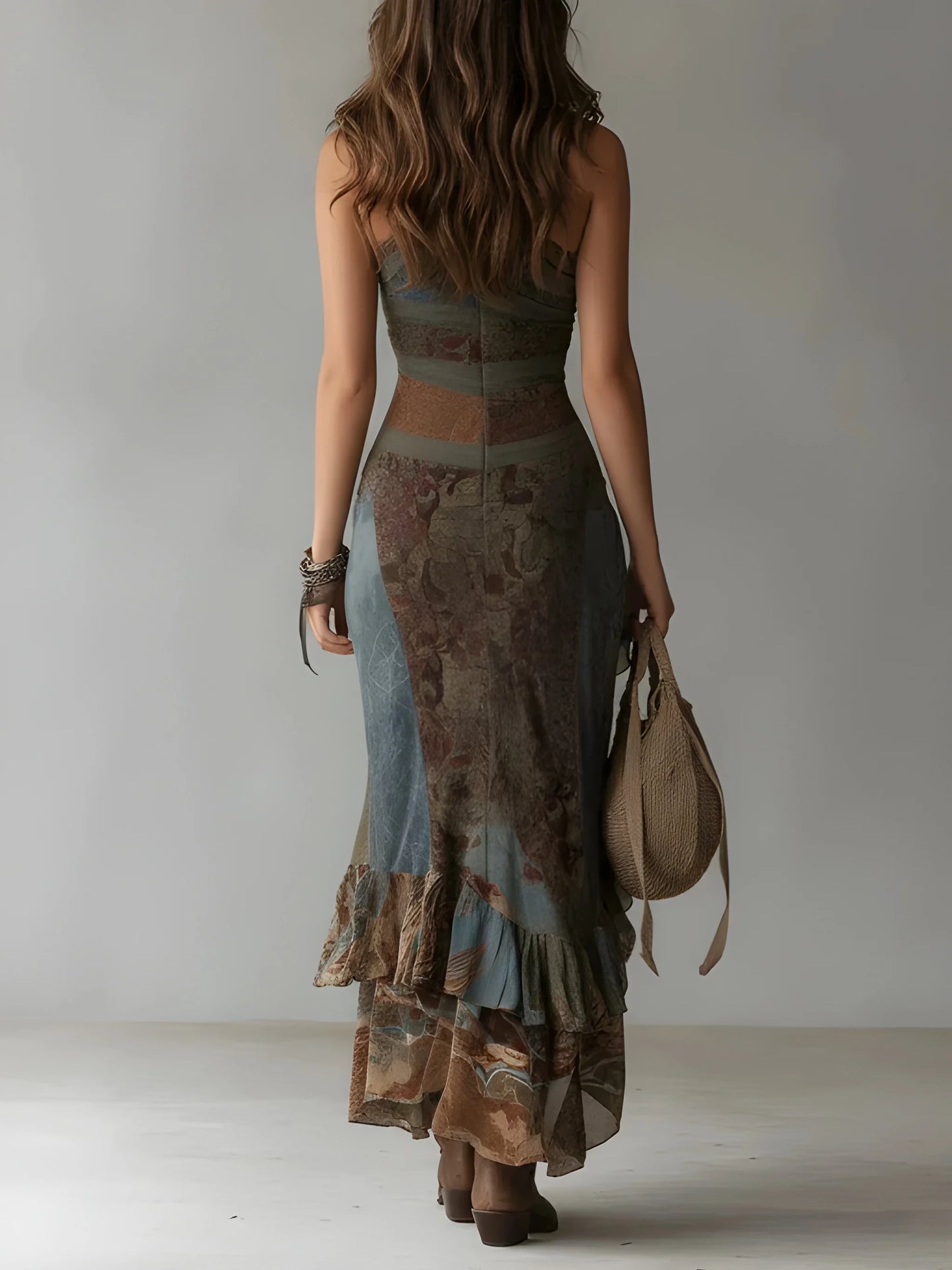 Vestido Maxi de Verano Estampado Boho con Diseño Asimétrico y Volantes