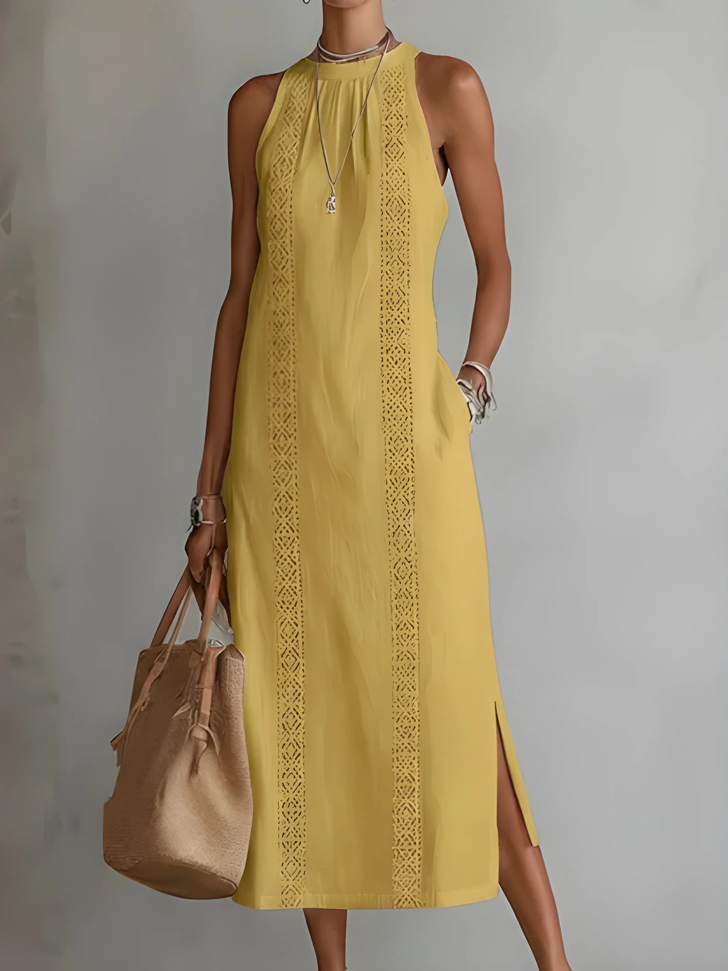 Vestido de verano midi elegante casual con cuello mao