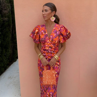 Vestido de Verano Midi Estampado Elegante con Manga Abullonada