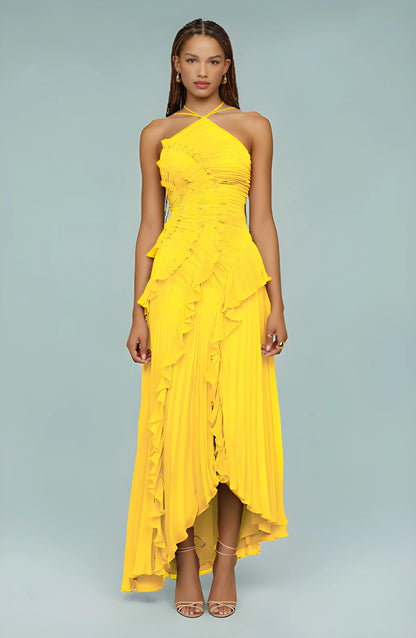 Vestido Invitada Boda Maxi Elegante con Cuello Halter y Plisado