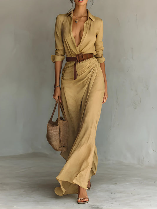 Vestido de invitada de boda largo elegante casual con drapeado y botones