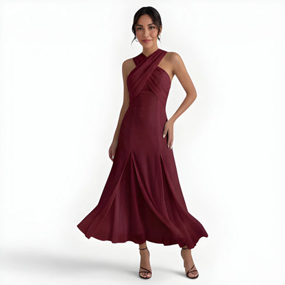 Vestido de invitada de boda midi elegante casual con cuello halter