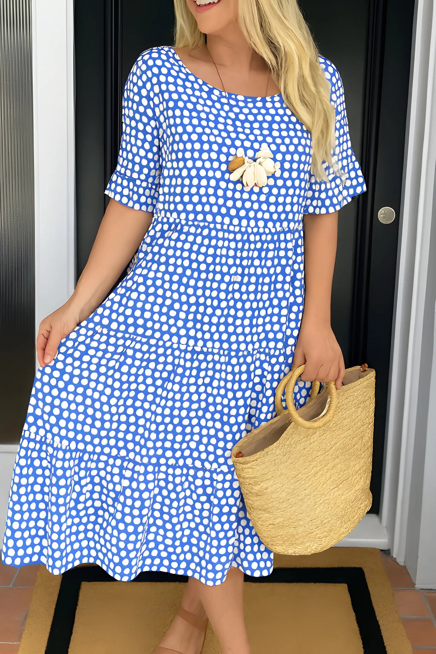 Vestido de verano midi elegante casual con cuello redondo