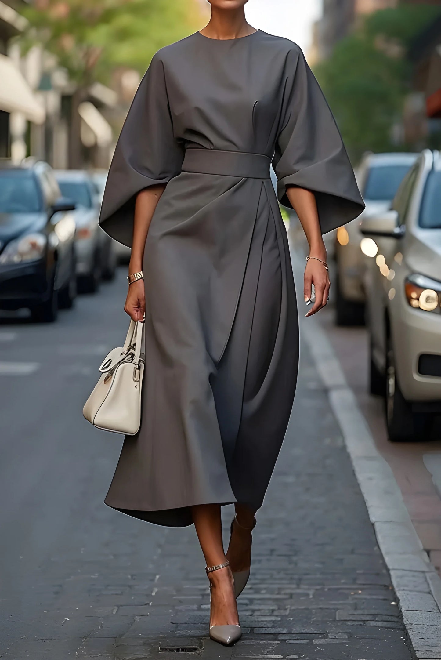 Vestido de invitada de boda midi elegante casual con manga abullonada y lazo