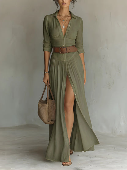 Vestido camisero largo elegante casual con botones y fruncido