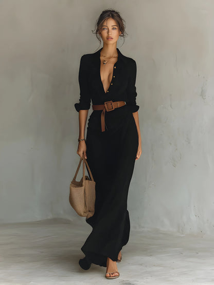 Vestido de invitada de boda largo elegante casual con drapeado y botones