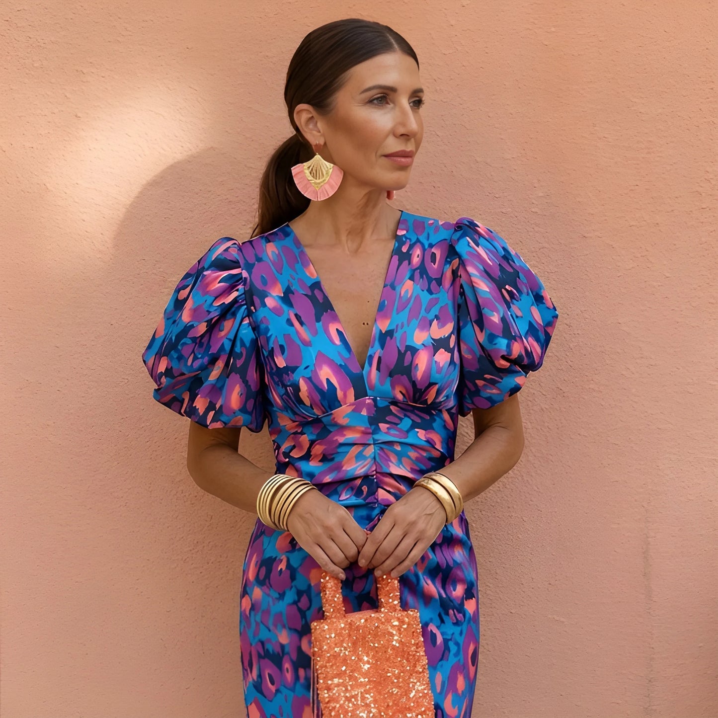 Vestido de Verano Midi Estampado Elegante con Manga Abullonada