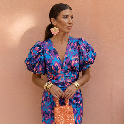 Vestido de Verano Midi Estampado Elegante con Manga Abullonada