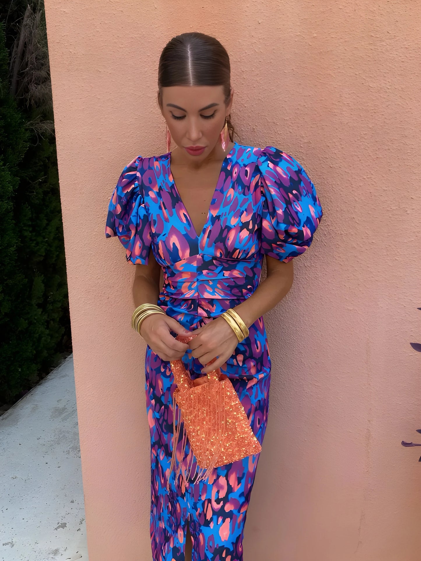 Vestido de Verano Midi Estampado Elegante con Manga Abullonada