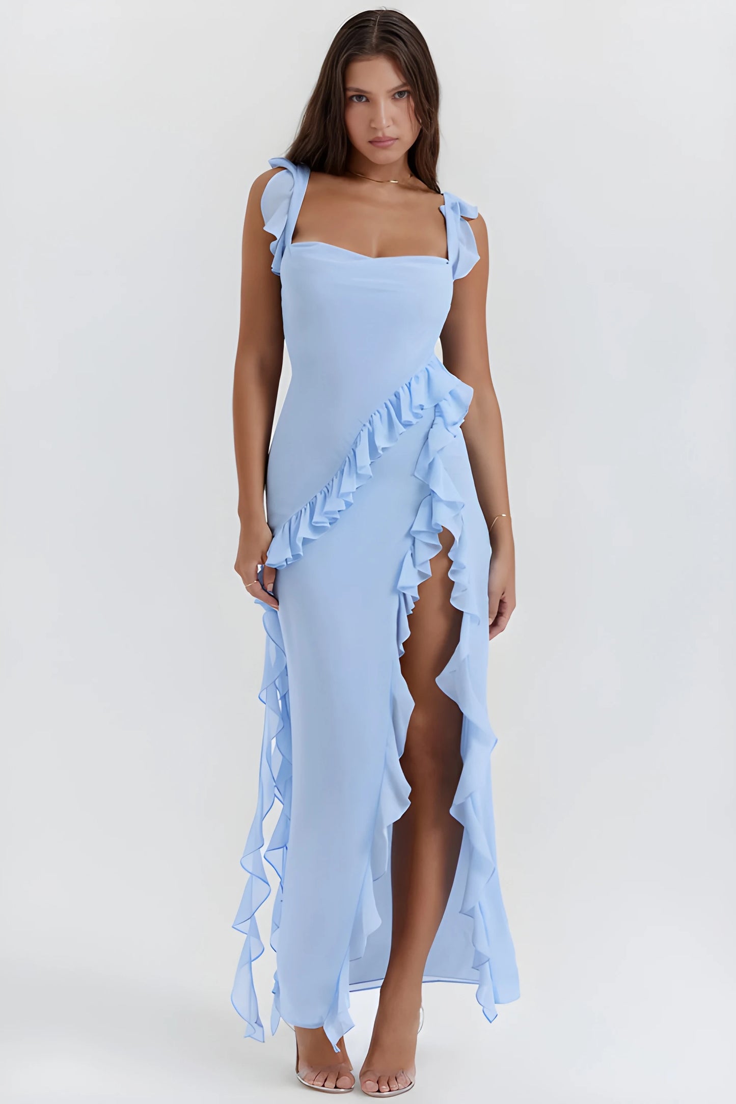 Vestido de invitada de boda largo elegante casual con volantes