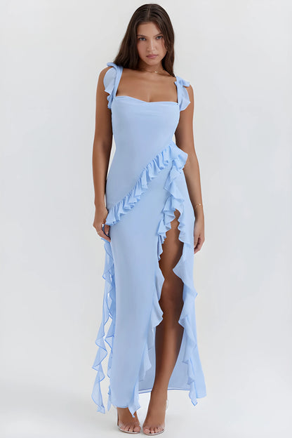 Vestido de invitada de boda largo elegante casual con volantes