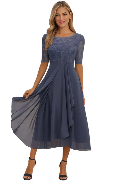 Vestido de invitada de boda midi elegante clásico con manga corta y cuello redondo