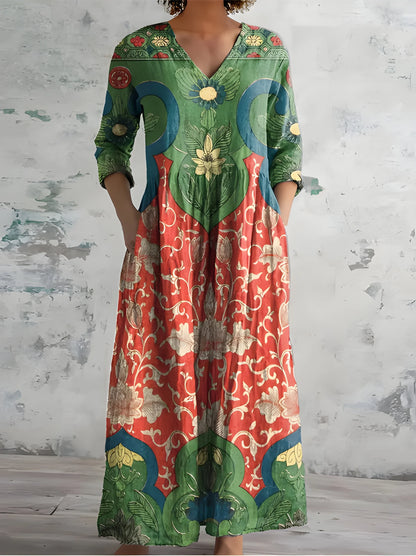 Vestido de Verano Largo de Flores Vintage Elegante con Escote en V