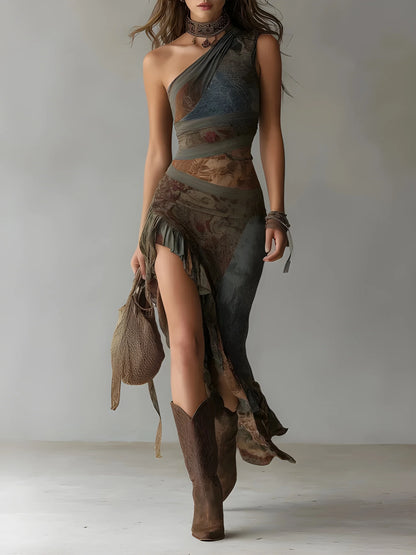 Vestido Maxi de Verano Estampado Boho con Diseño Asimétrico y Volantes