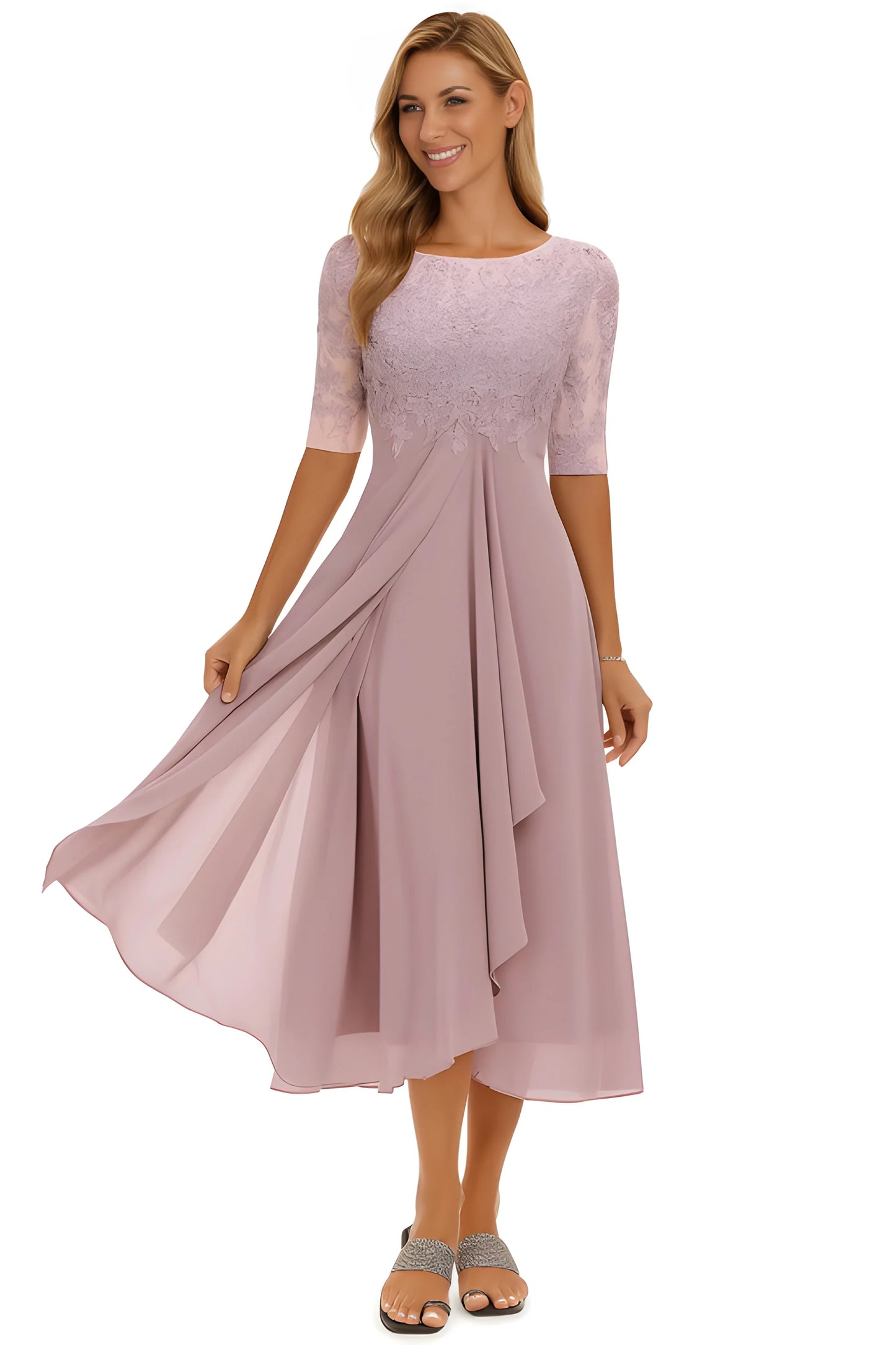 Vestido de invitada de boda midi elegante clásico con manga corta y cuello redondo