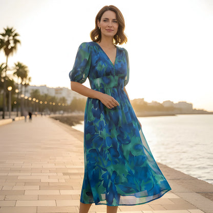 Vestido de Verano Midi Casual Elegante con Cintura Fruncida
