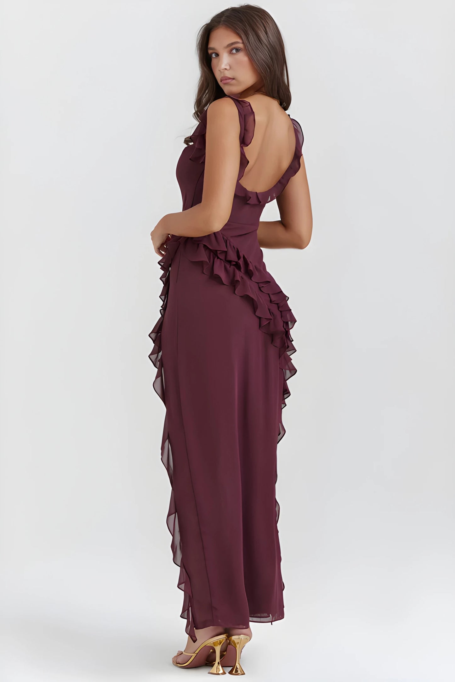 Vestido de invitada de boda largo elegante casual con volantes