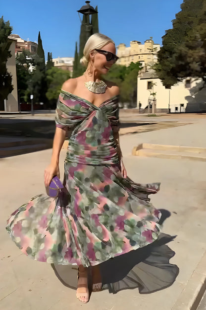 Vestido de invitada de boda largo elegante casual con hombros descubiertos