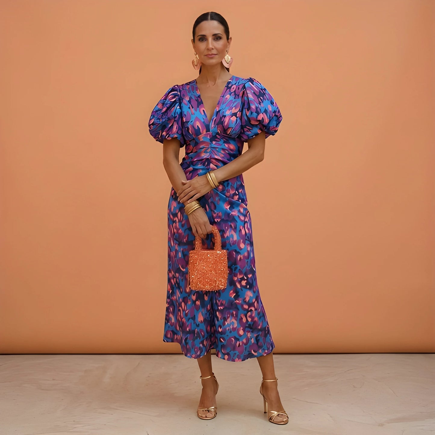 Vestido de Verano Midi Estampado Elegante con Manga Abullonada