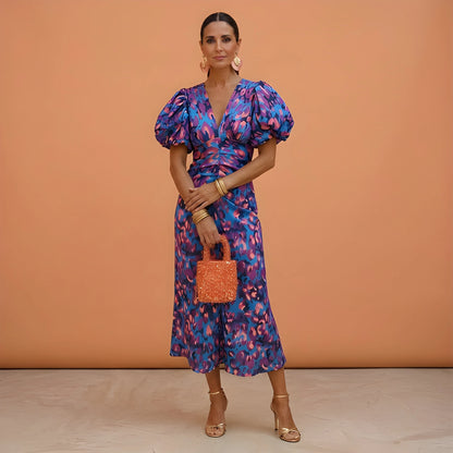 Vestido de Verano Midi Estampado Elegante con Manga Abullonada