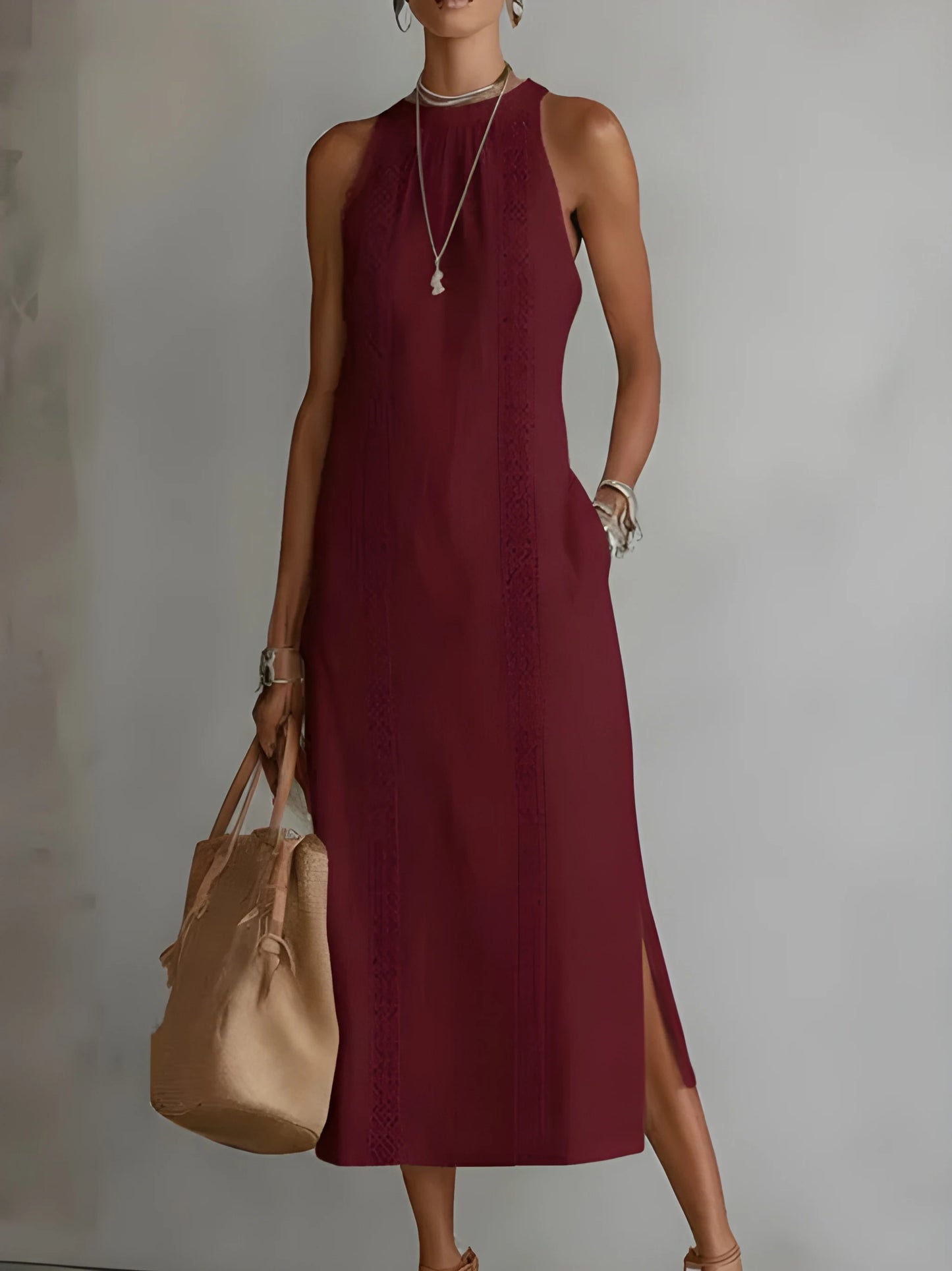 Vestido de verano midi elegante casual con cuello mao