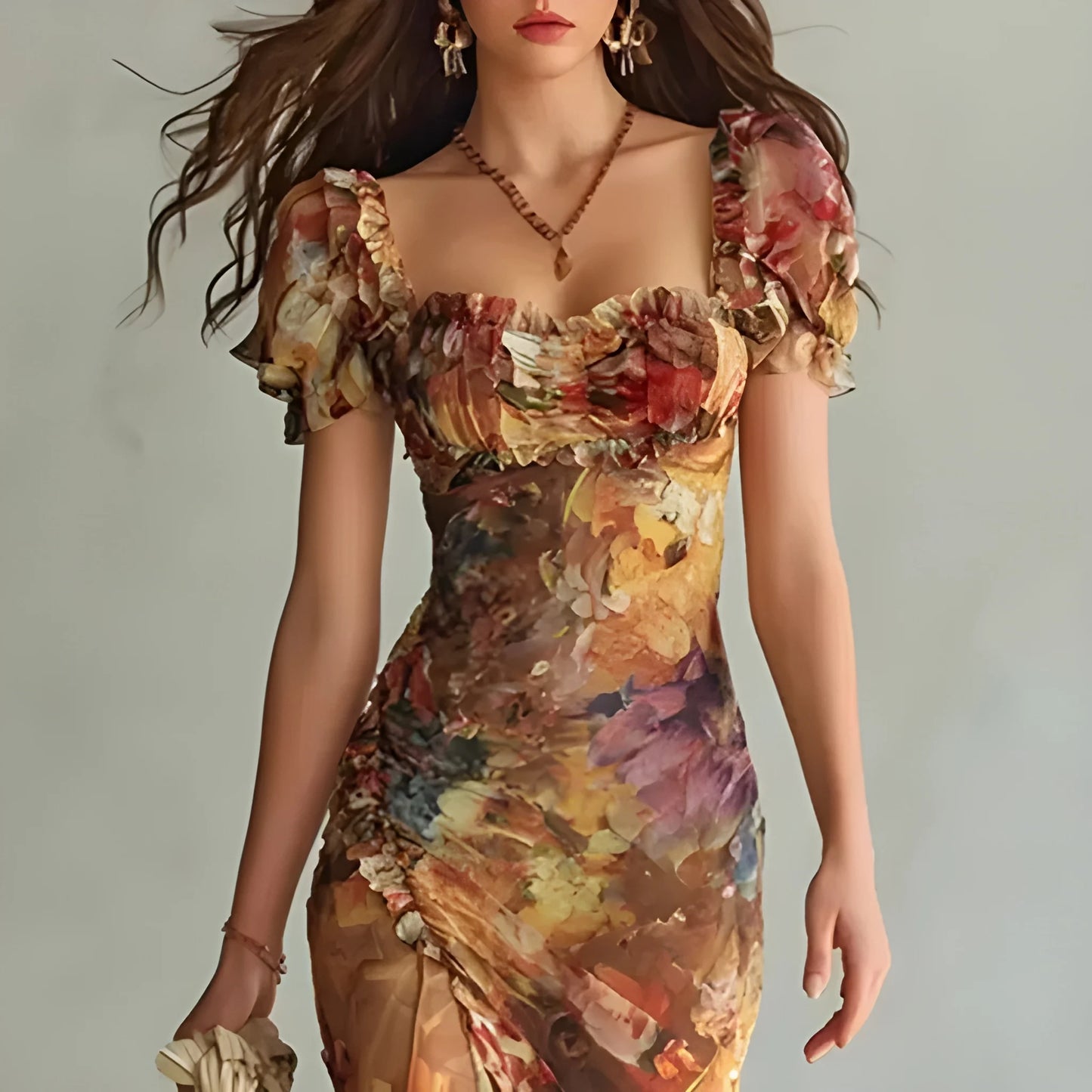 Vestido de invitada de boda largo boho elegante con manga abullonada