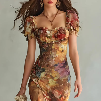 Vestido de invitada de boda largo boho elegante con manga abullonada