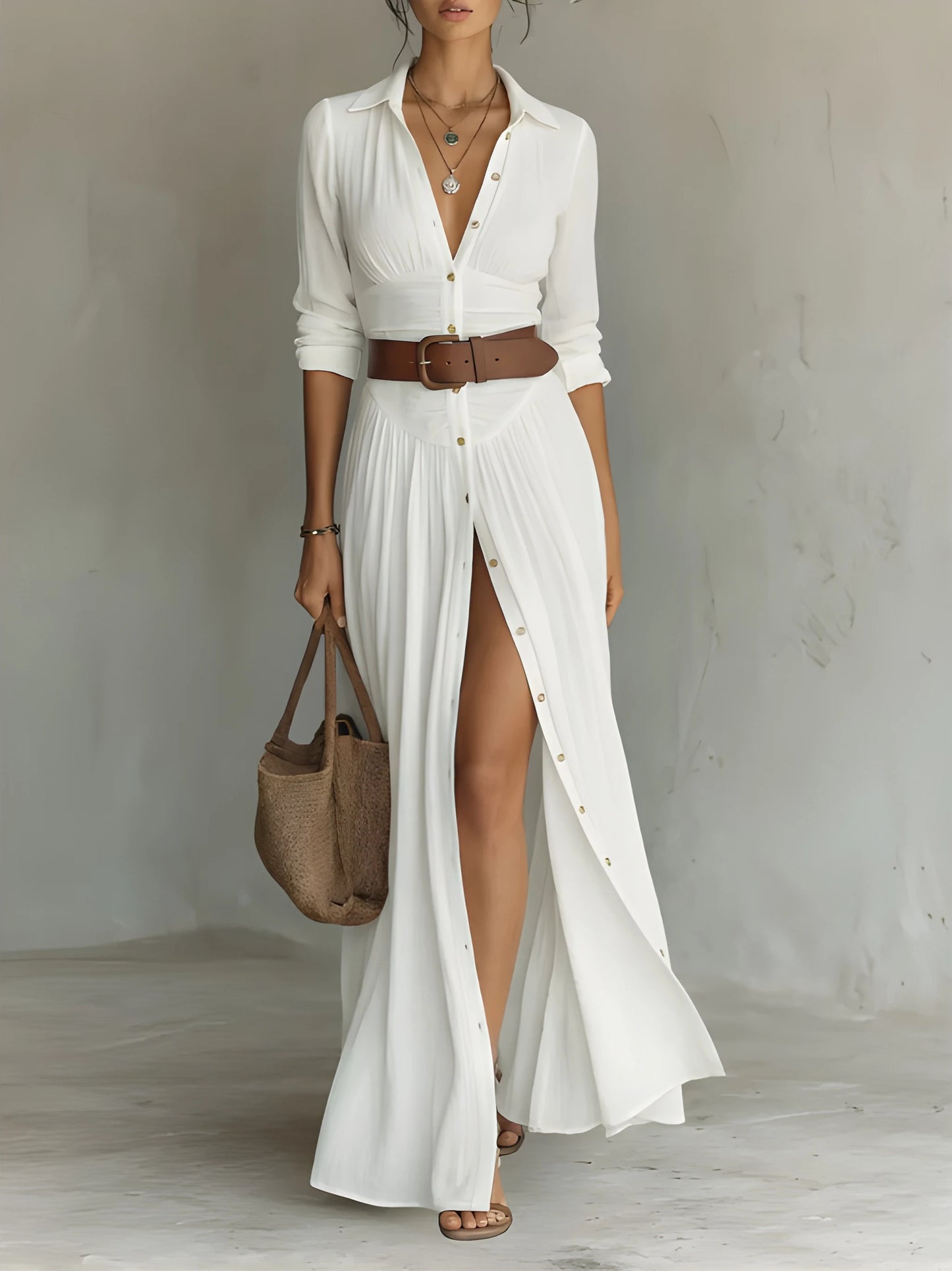 Vestido camisero largo elegante casual con botones y fruncido