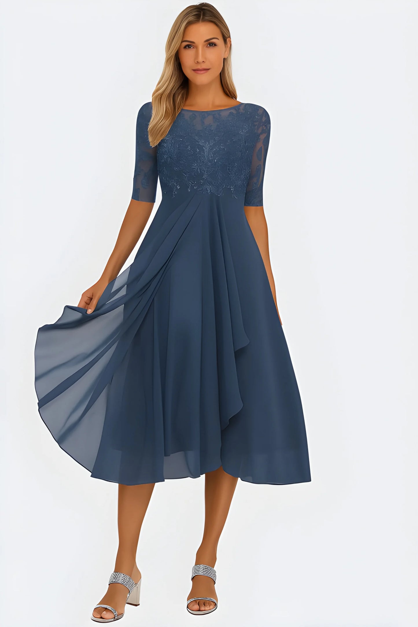 Vestido de invitada de boda midi elegante clásico con manga corta y cuello redondo