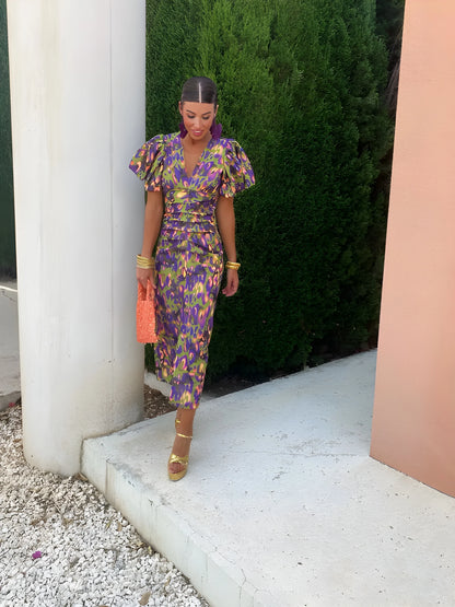 Vestido de Verano Midi Estampado Elegante con Manga Abullonada