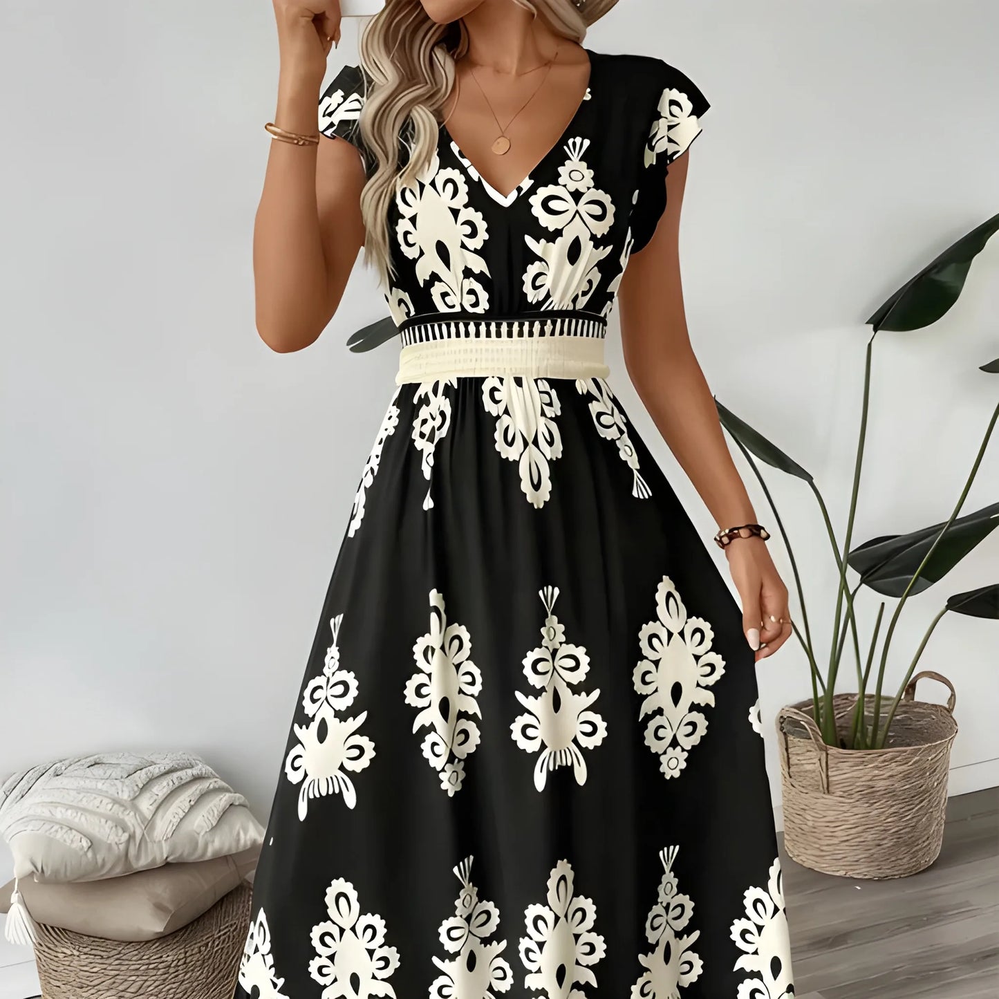 Vestido de verano largo elegante casual con escote en V