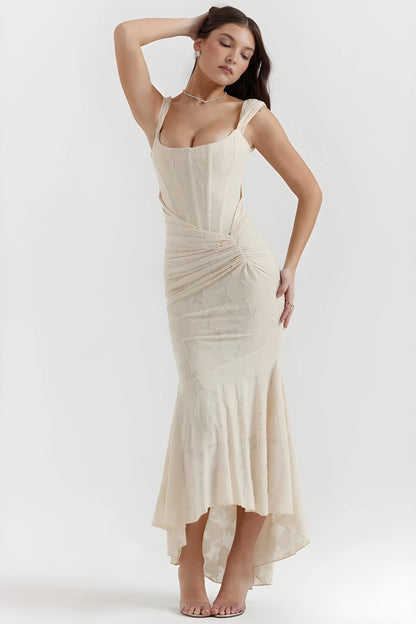 Vestido de invitada de boda largo elegante casual con escote palabra de honor
