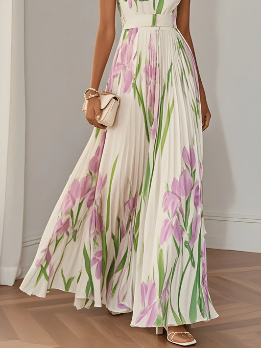 Vestido de Verano Largo Flores Elegante con Plisado