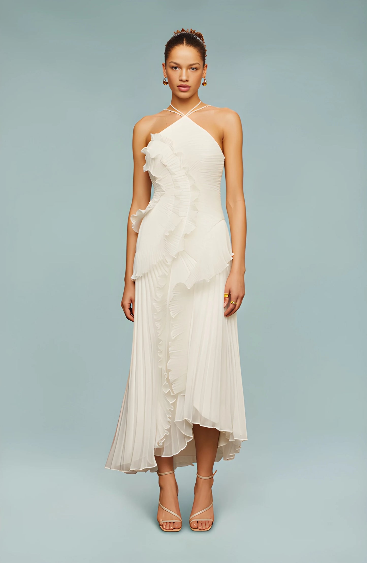 Vestido Invitada Boda Maxi Elegante con Cuello Halter y Plisado